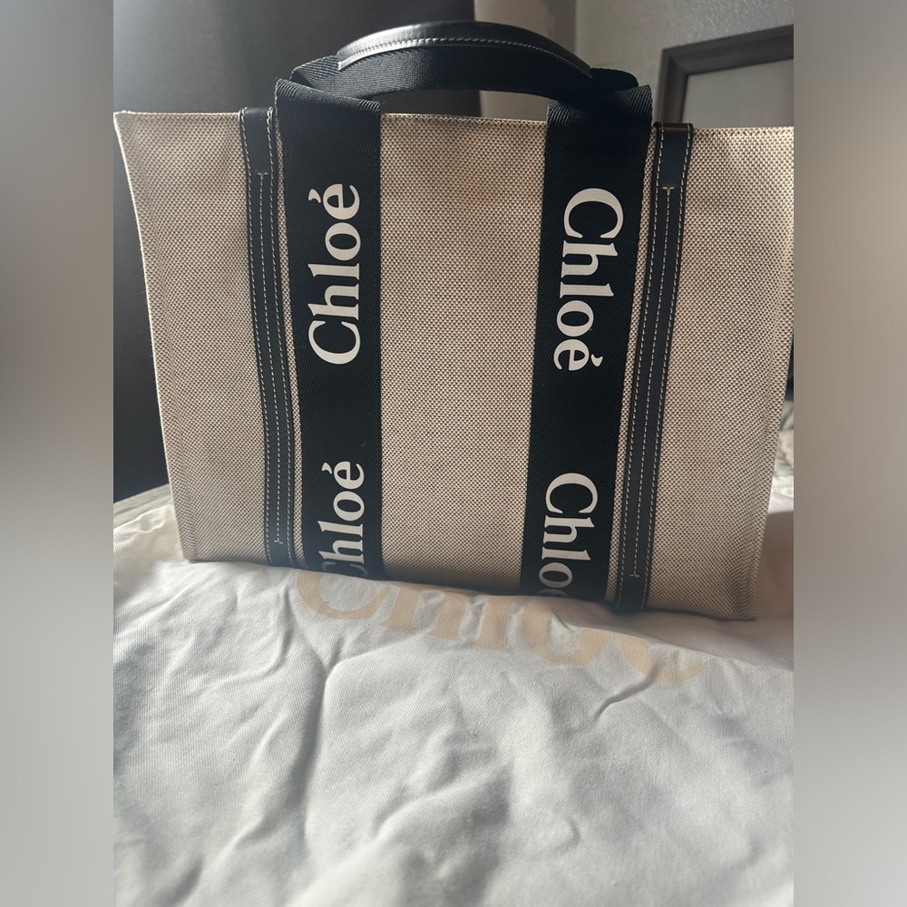 Chloe Medium Woody Logo Strap Canvas Tote.